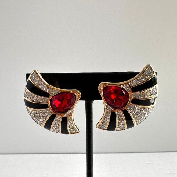 Swarovski Clip On Earrings Red Crystal Fan - Picture 4 of 10